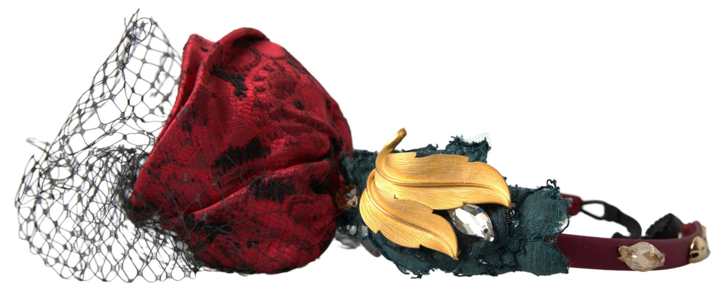 Dolce & Gabbana Red with multicolor Rose Silk Crystal Netted Logo Diadem Women's Headband