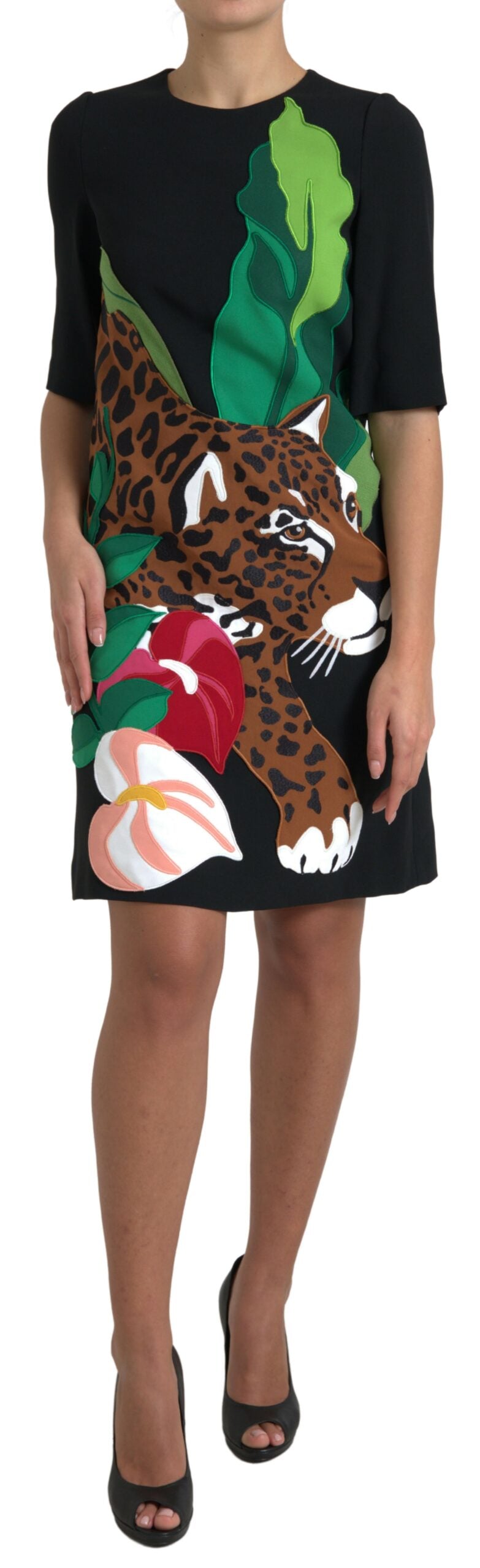 Dolce & Gabbana Black Tiger Jungle Print Sheath Stretch Women's Dress ()