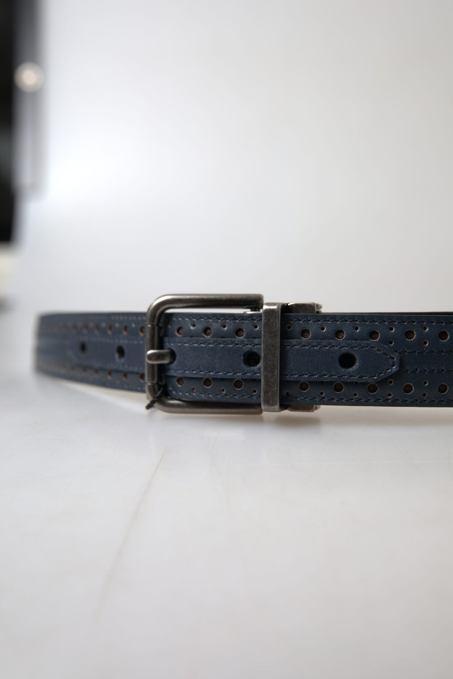 Dolce & Gabbana Blue Leather Perforated Metal Buckle Men's Belt