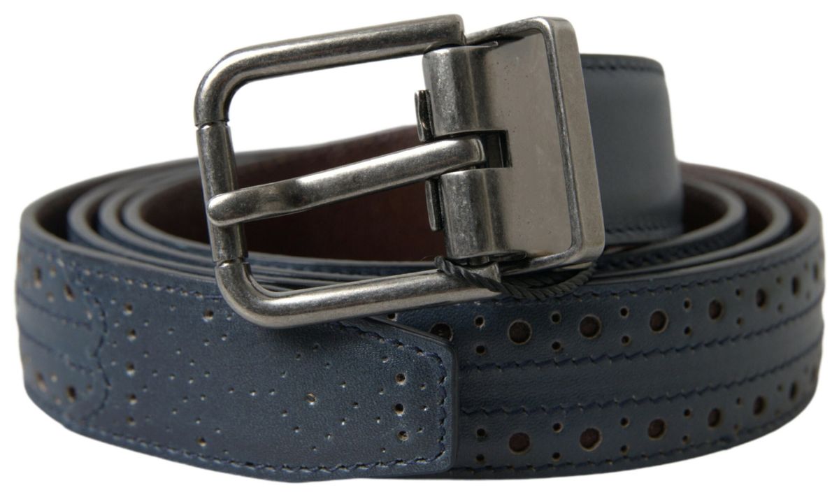 Dolce & Gabbana Blue Leather Perforated Metal Buckle Men's Belt