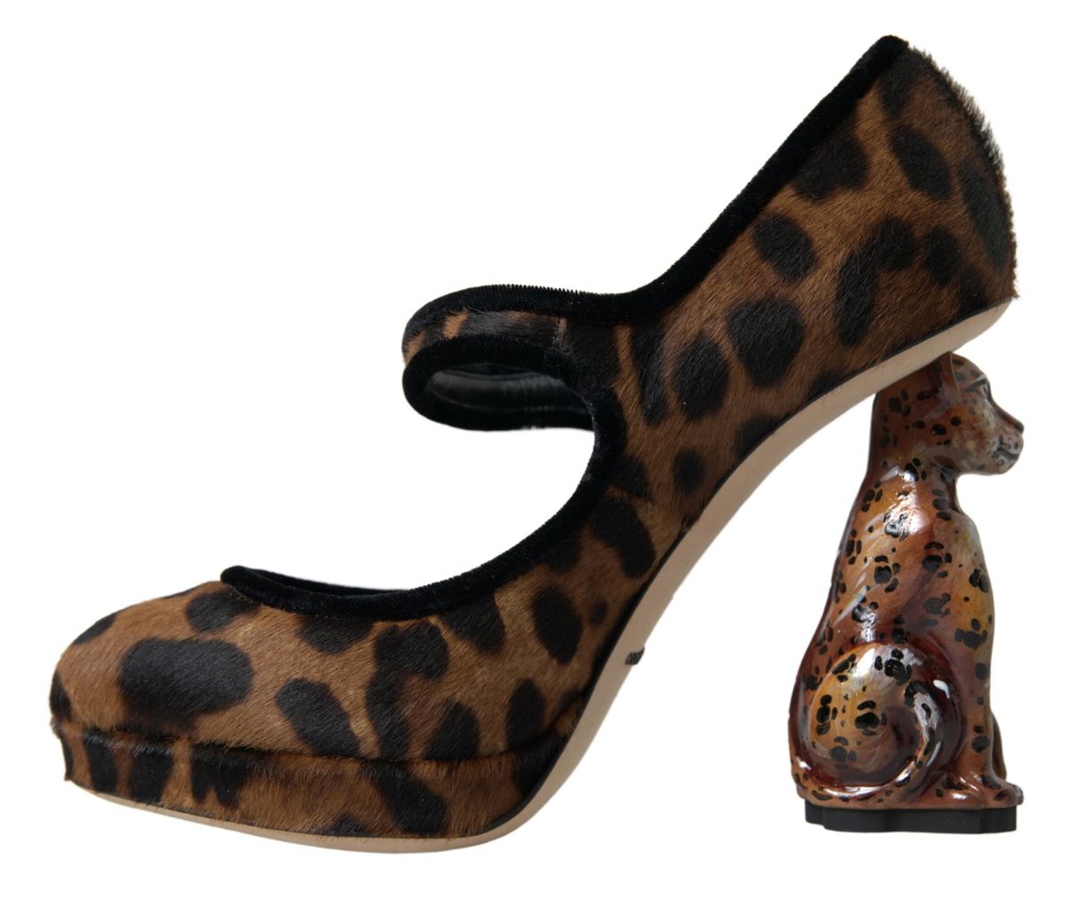 Dolce & Gabbana Black Brown Calf Leopard Heel Mary Jane Pump Women's Shoes
