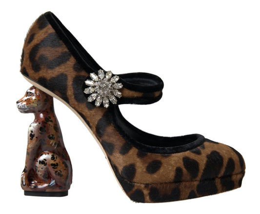 Dolce & Gabbana Black Brown Calf Leopard Heel Mary Jane Pump Women's Shoes