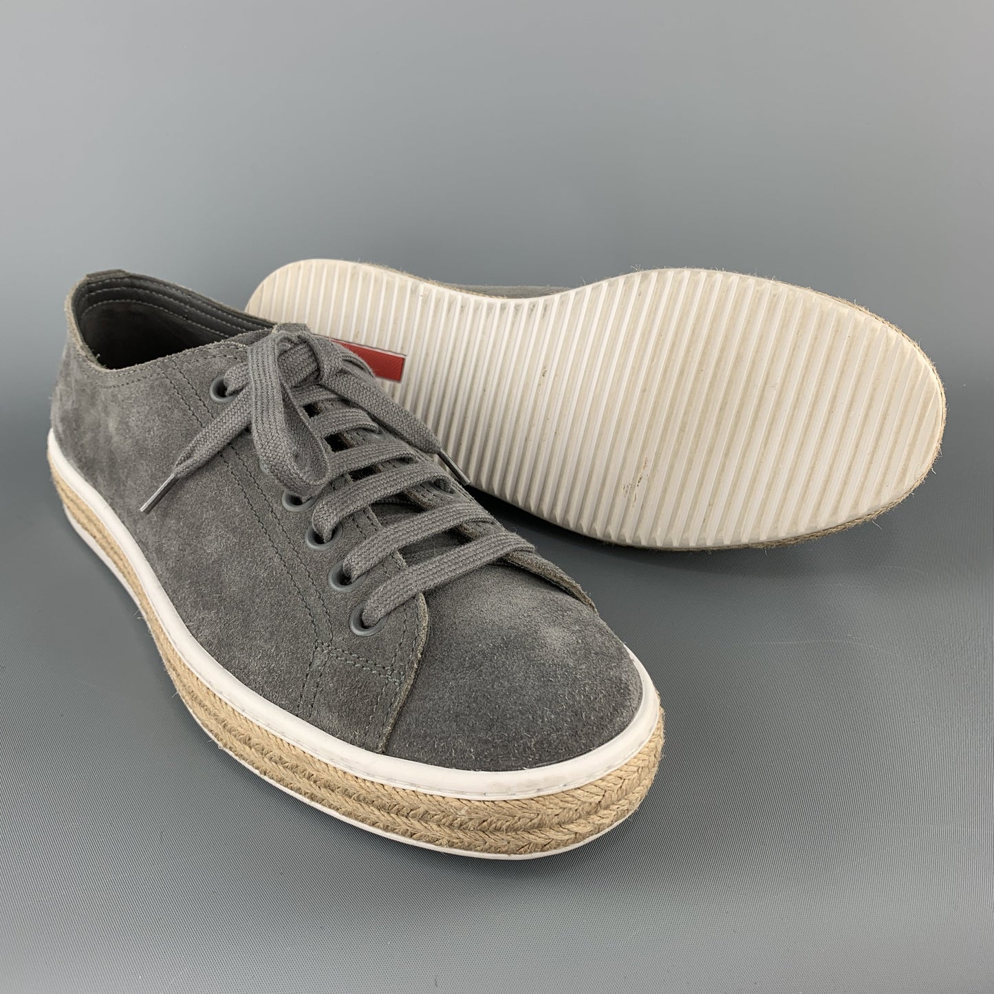 PRADA Size 9.5 Grey Suede Braided Midsole Lace Up Sneakers