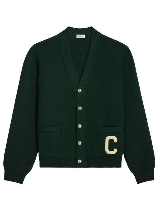 CELINE Paris Logo Patch Wool Cardigan Forest