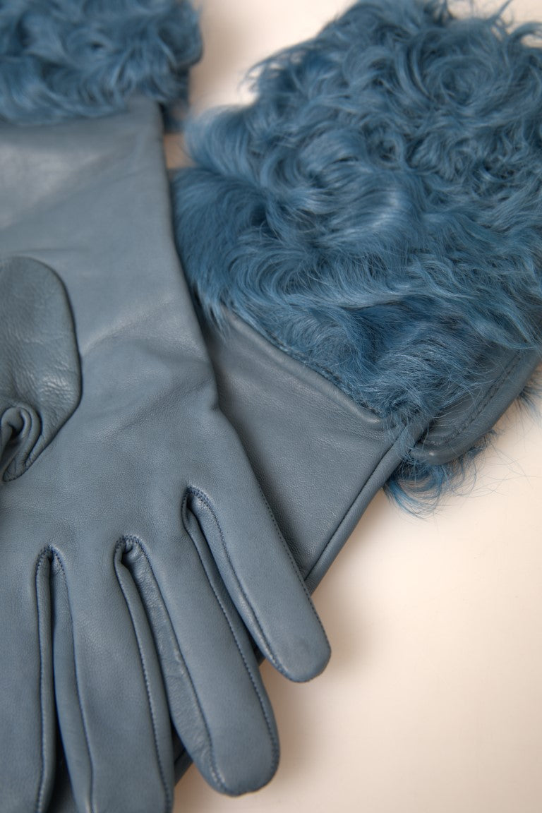 Dolce & Gabbana Blue Leather Fur Mid Arm Length Women's Gloves