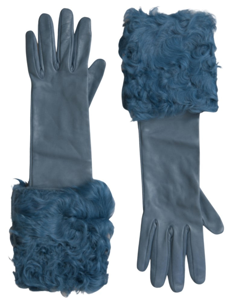 Dolce & Gabbana Blue Leather Fur Mid Arm Length Women's Gloves