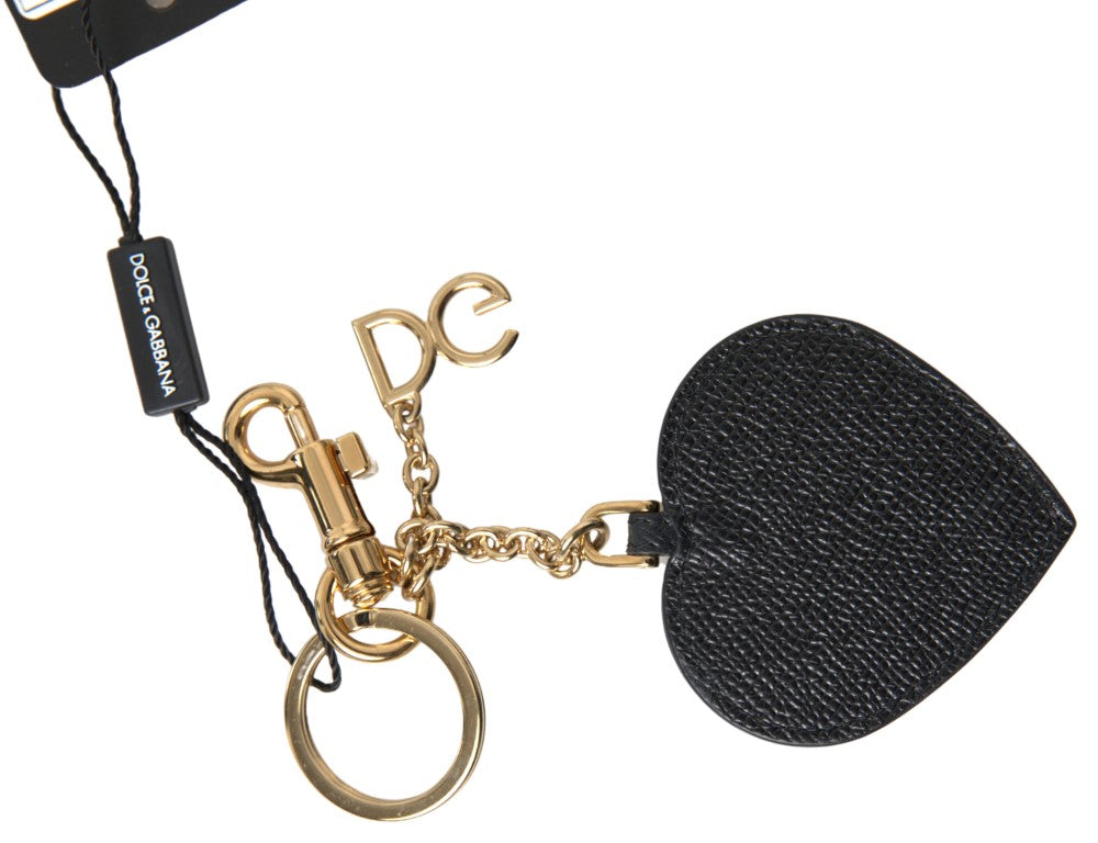 Dolce & Gabbana Black Fuchsia Heart Leather Gold Metal Keyring Women's Keychain