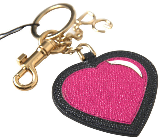 Dolce & Gabbana Black Fuchsia Heart Leather Gold Metal Keyring Women's Keychain