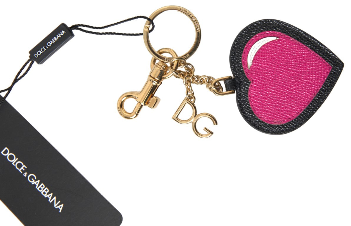 Dolce & Gabbana Black Fuchsia Heart Leather Gold Metal Keyring Women's Keychain