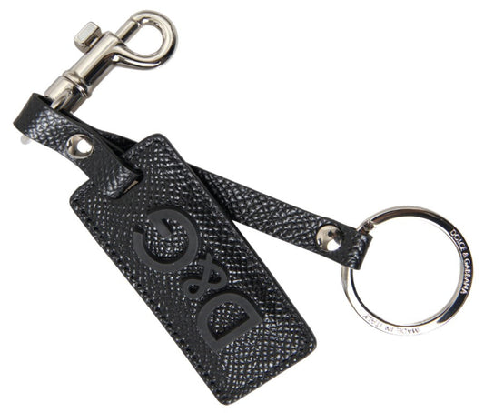 Dolce & Gabbana Black DG Logo Leather Silver Metal Men's Keychain