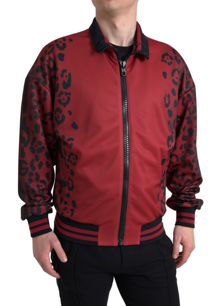 Dolce & Gabbana Red Leopard Polyester Bomber Full Zip  Men's Jacket