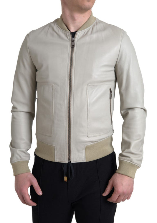 Dolce & Gabbana Cream Leather Bomber Blouson Full Zip Men's Jacket