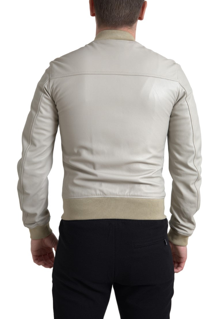 Dolce & Gabbana Cream Leather Bomber Blouson Full Zip Men's Jacket