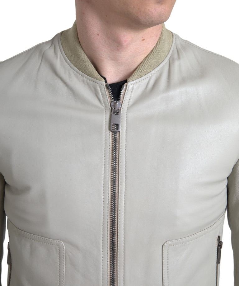 Dolce & Gabbana Cream Leather Bomber Blouson Full Zip Men's Jacket
