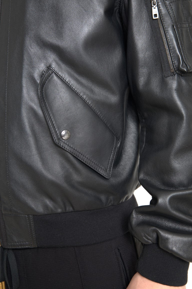 Dolce & Gabbana Black Leather Blouson Full Zip Bomber Men's Jacket