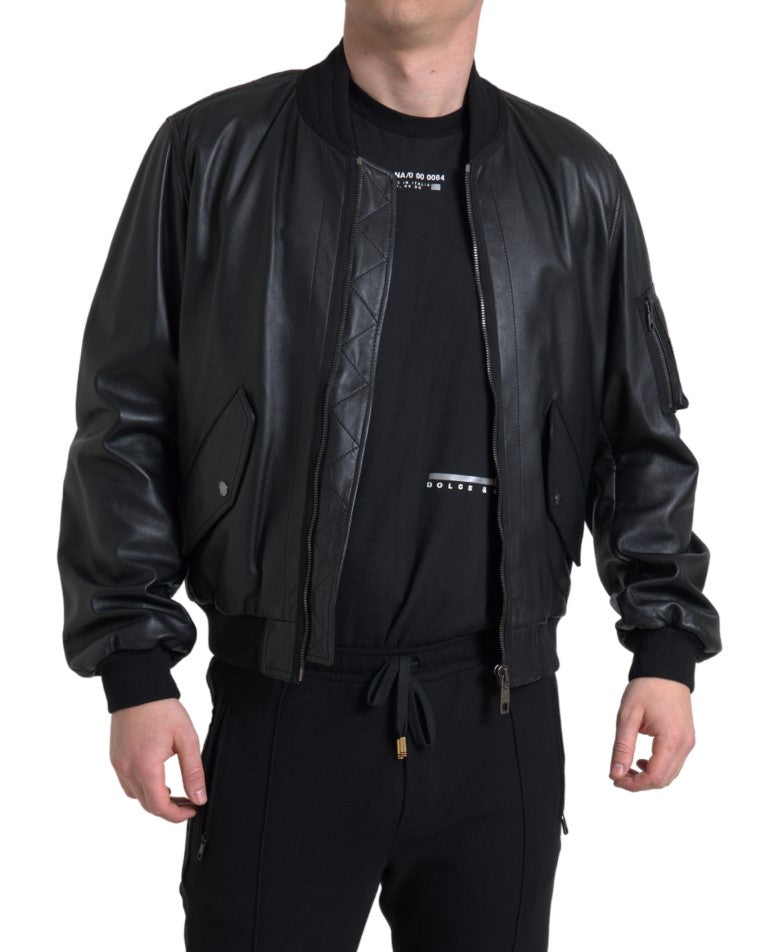 Dolce & Gabbana Black Leather Blouson Full Zip Bomber Men's Jacket