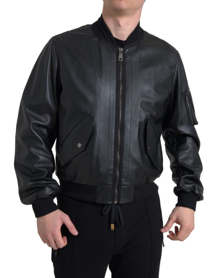 Dolce & Gabbana Black Leather Blouson Full Zip Bomber Men's Jacket