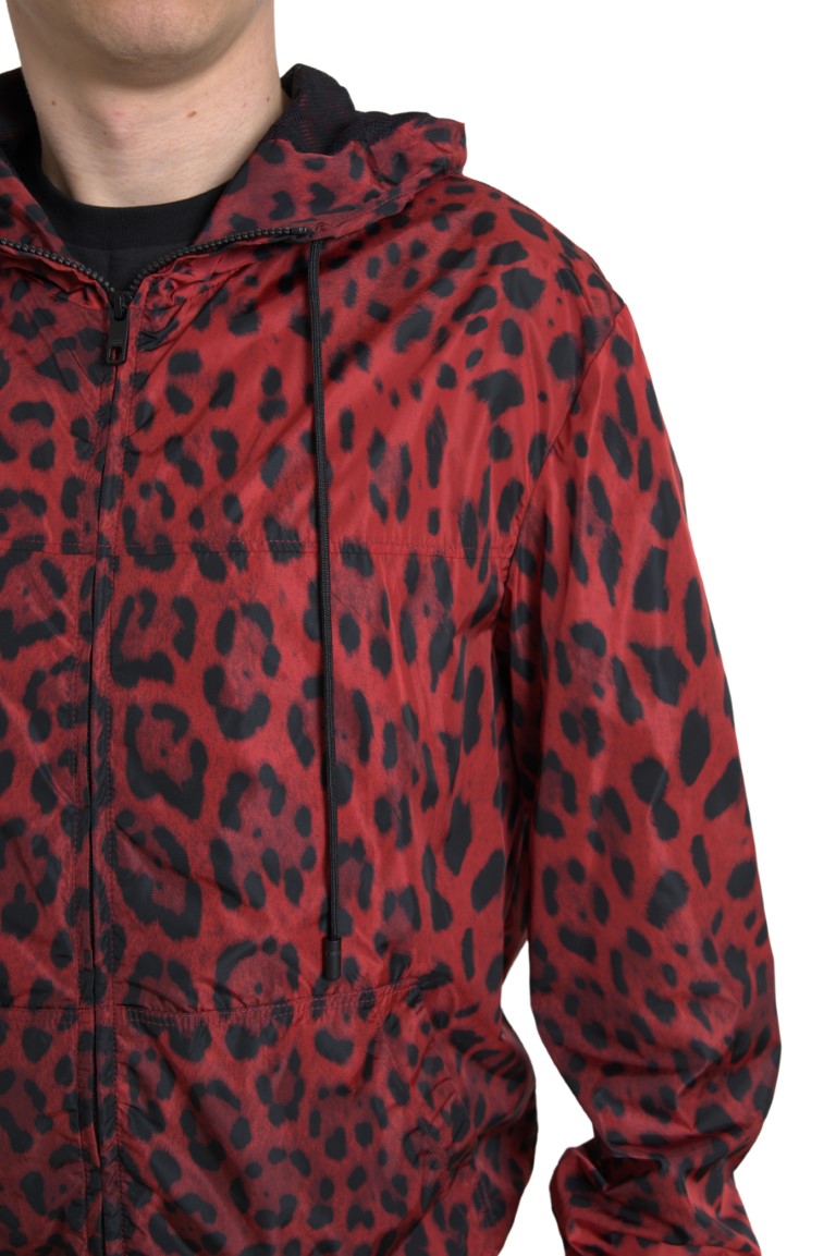 Dolce & Gabbana Red Leopard Hooded Bomber Full Zip Men's Jacket