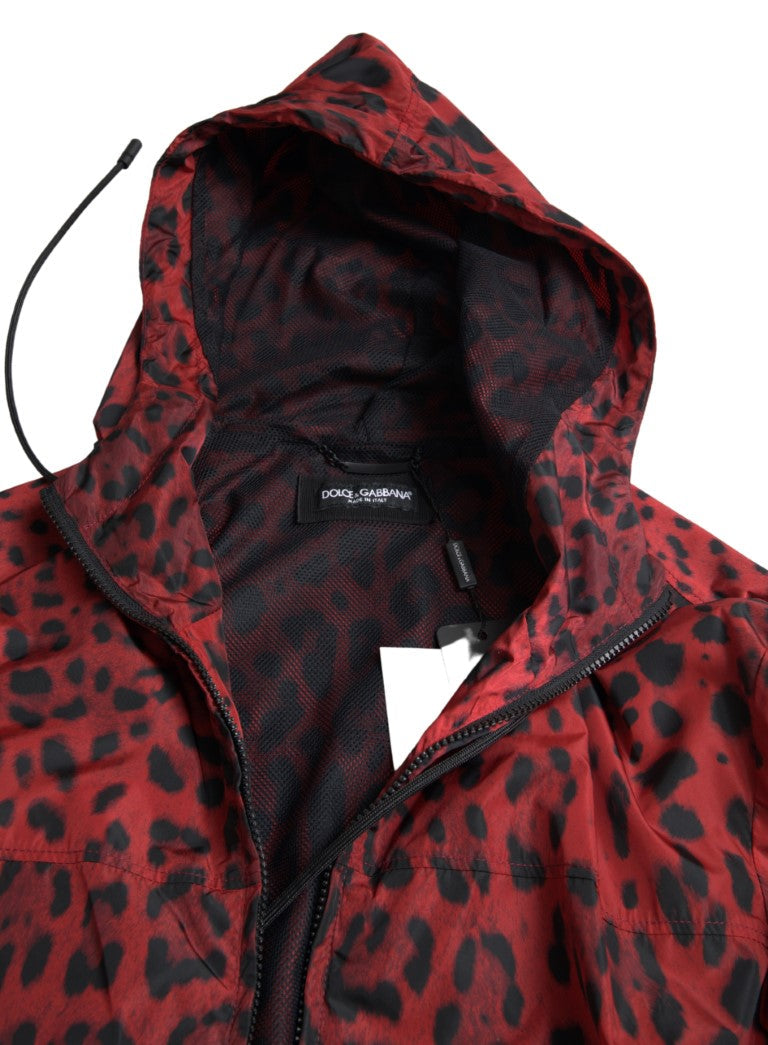 Dolce & Gabbana Red Leopard Hooded Bomber Full Zip Men's Jacket