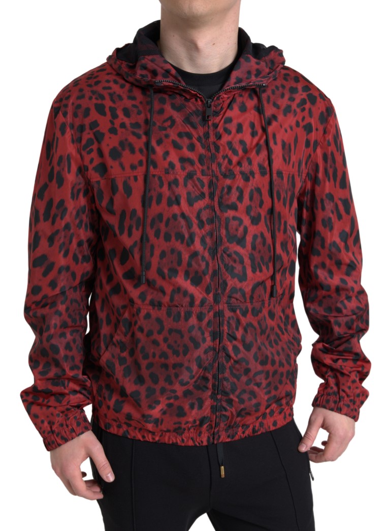 Dolce & Gabbana Red Leopard Hooded Bomber Full Zip Men's Jacket