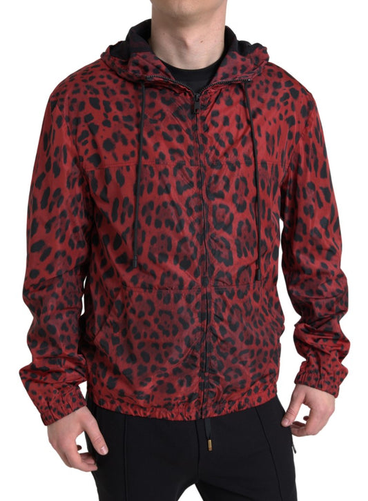 Dolce & Gabbana Red Leopard Hooded Bomber Full Zip Men's Jacket