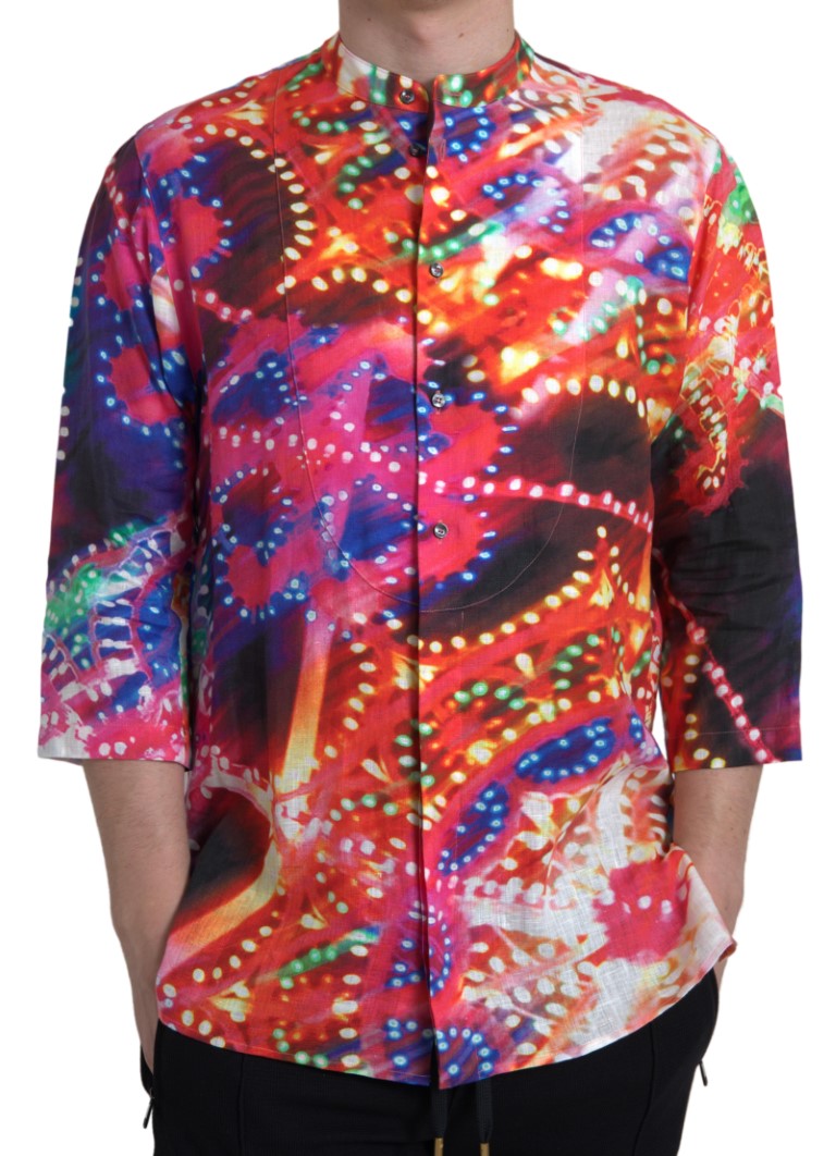 Dolce & Gabbana Multicolor Luminarie Print Linen Men's Shirt