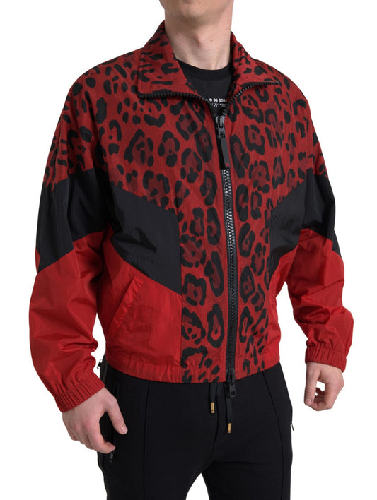 Dolce & Gabbana Red Leopard Nylon Full Zip Men's Sweater