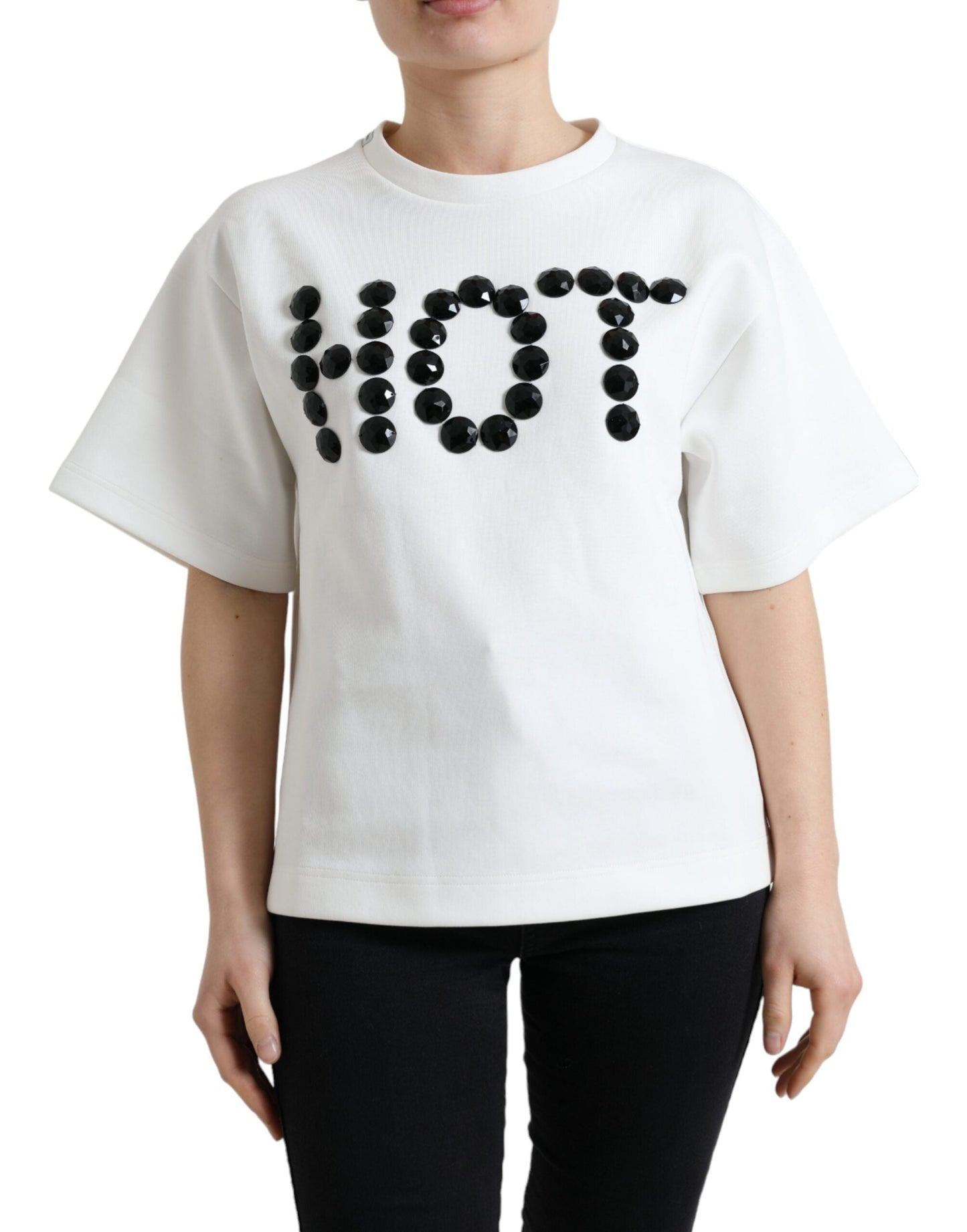 Dolce & Gabbana T-shirt White Cotton Stretch Black HOT Women's Crystal