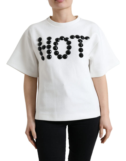 Dolce & Gabbana T-shirt White Cotton Stretch Black HOT Women's Crystal