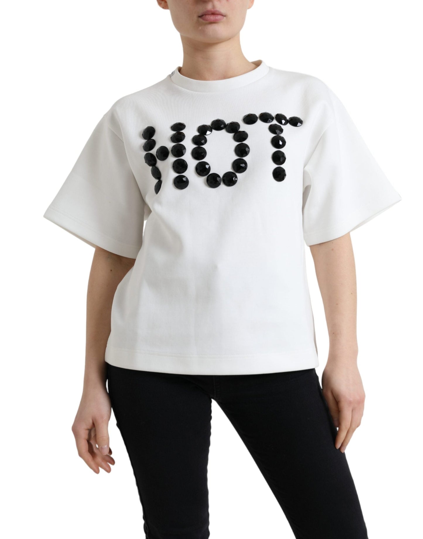 Dolce & Gabbana T-shirt White Cotton Stretch Black HOT Women's Crystal