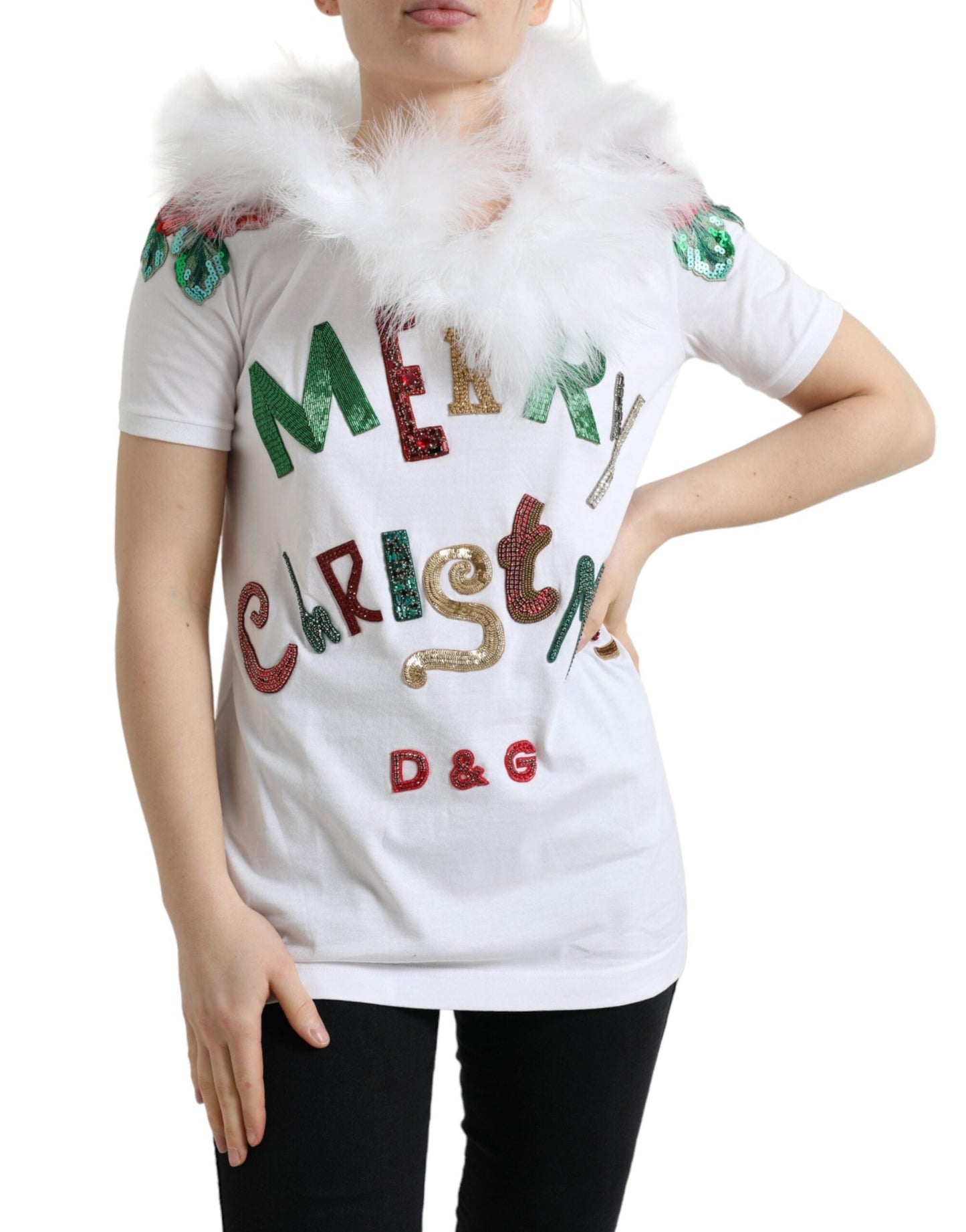 Dolce & Gabbana White Cotton Christmas Sequin Fur Women's T-shirt