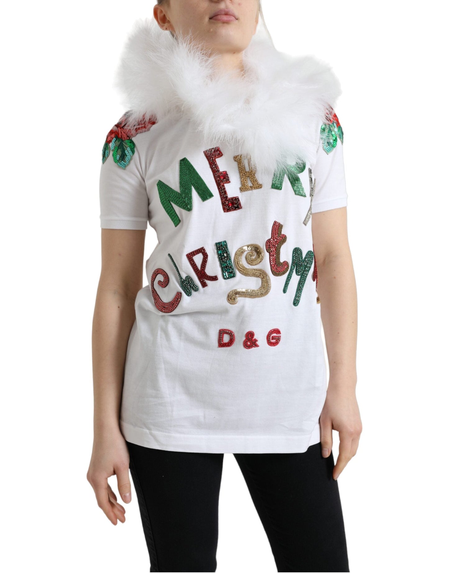 Dolce & Gabbana White Cotton Christmas Sequin Fur Women's T-shirt