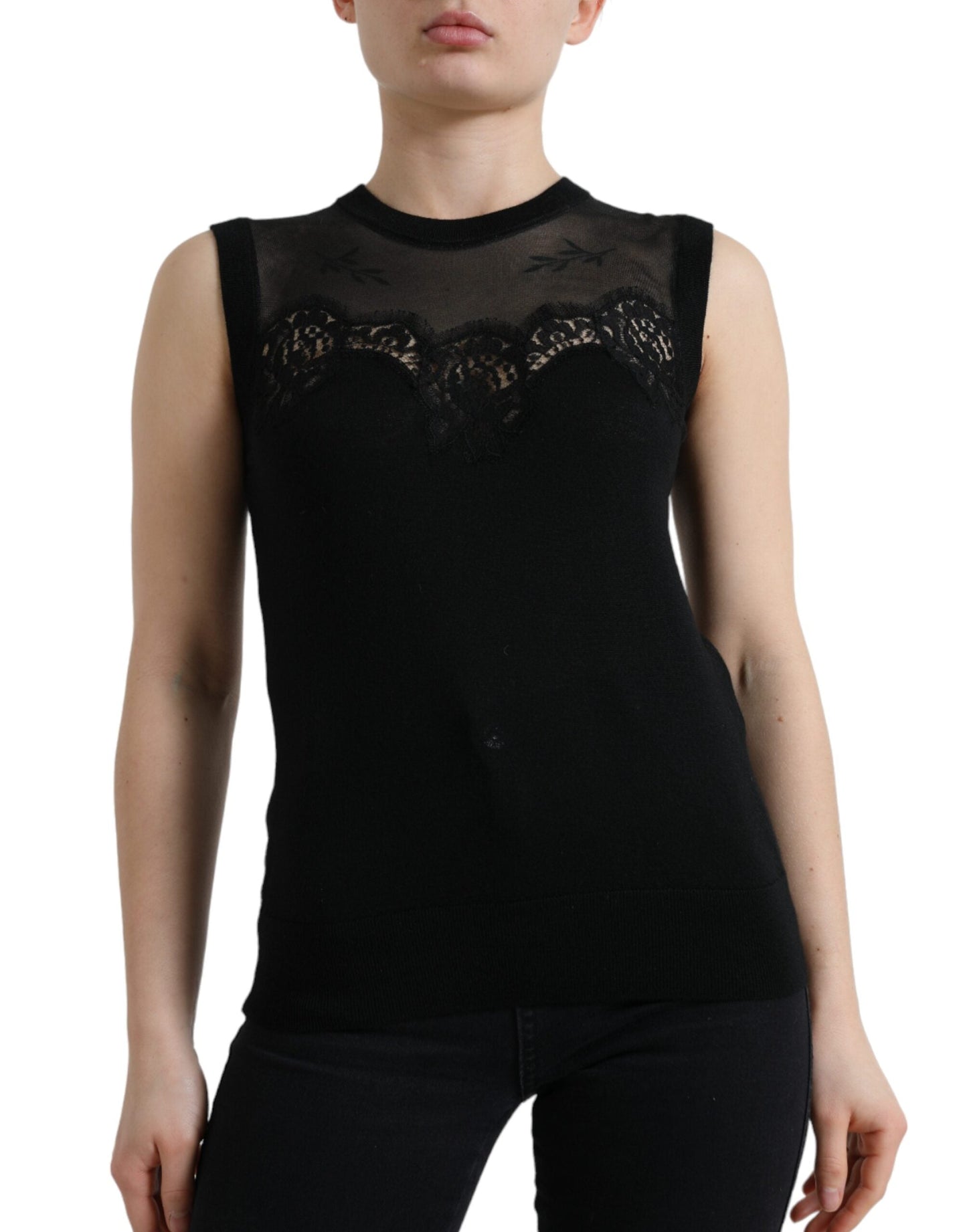 Dolce & Gabbana Black Cashmere Lace Trim Sleeveless Tank Women's Top