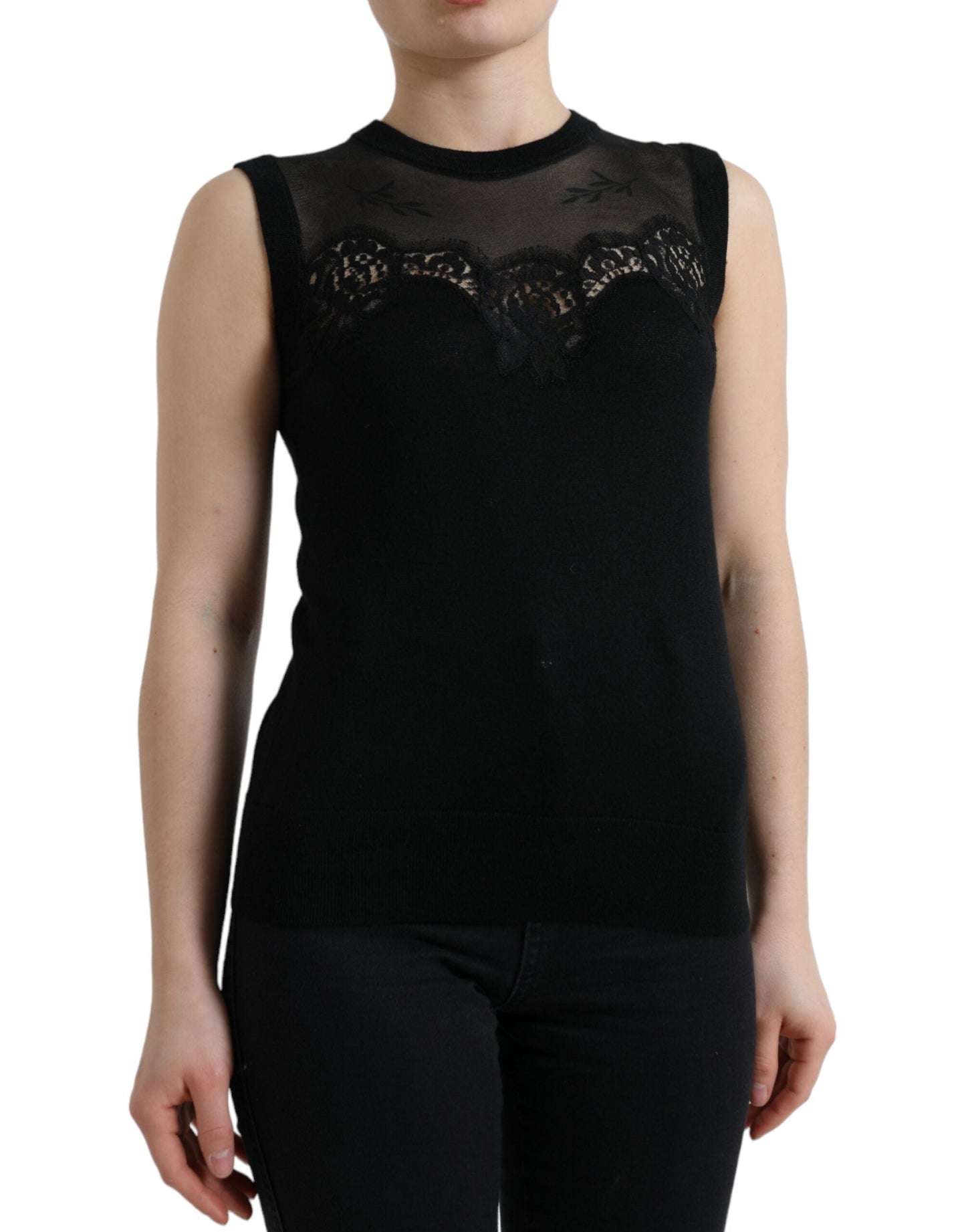 Dolce & Gabbana Black Cashmere Lace Trim Sleeveless Tank Women's Top