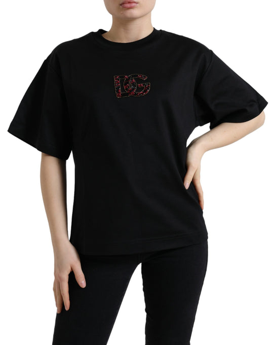 Dolce & Gabbana Black Cotton DG Crystal Crewneck Tee Women's T-shirt