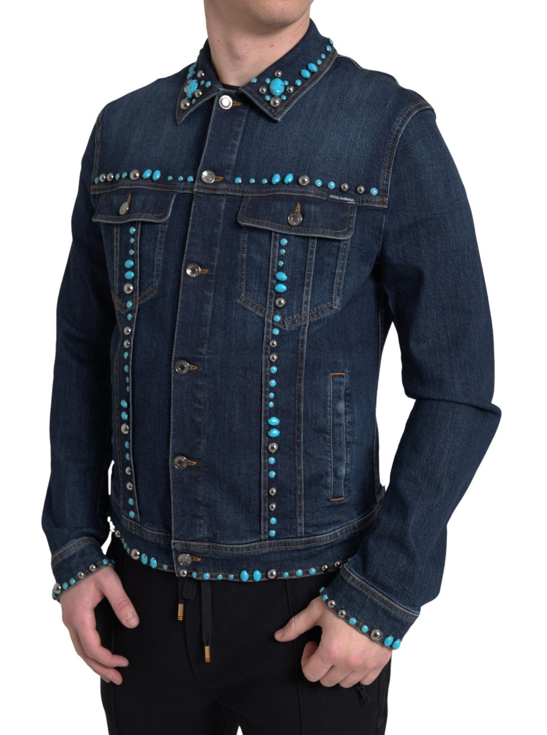 Dolce & Gabbana Blue Denim Turquoise Stones Studded Men's Jacket