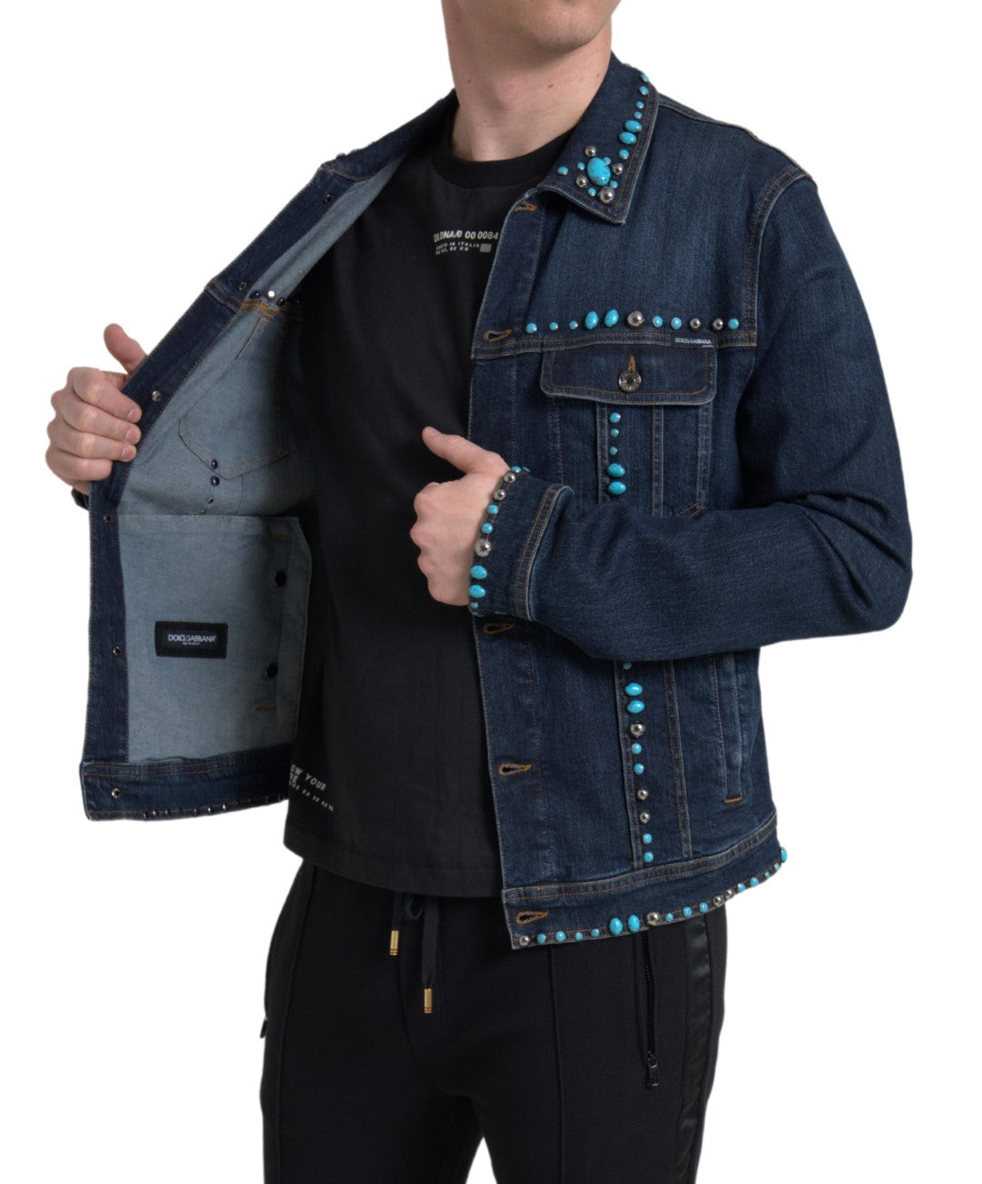Dolce & Gabbana Blue Denim Turquoise Stones Studded Men's Jacket