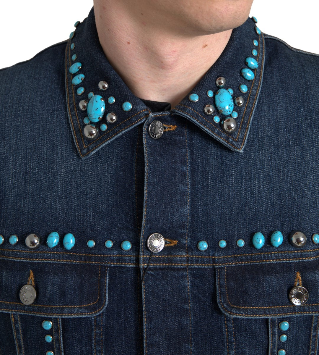 Dolce & Gabbana Blue Denim Turquoise Stones Studded Men's Jacket