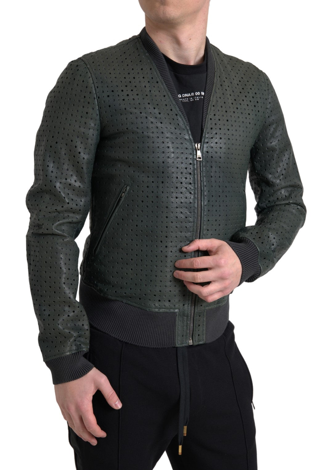 Dolce & Gabbana Green Perforated Leather Bomber Men's Jacket