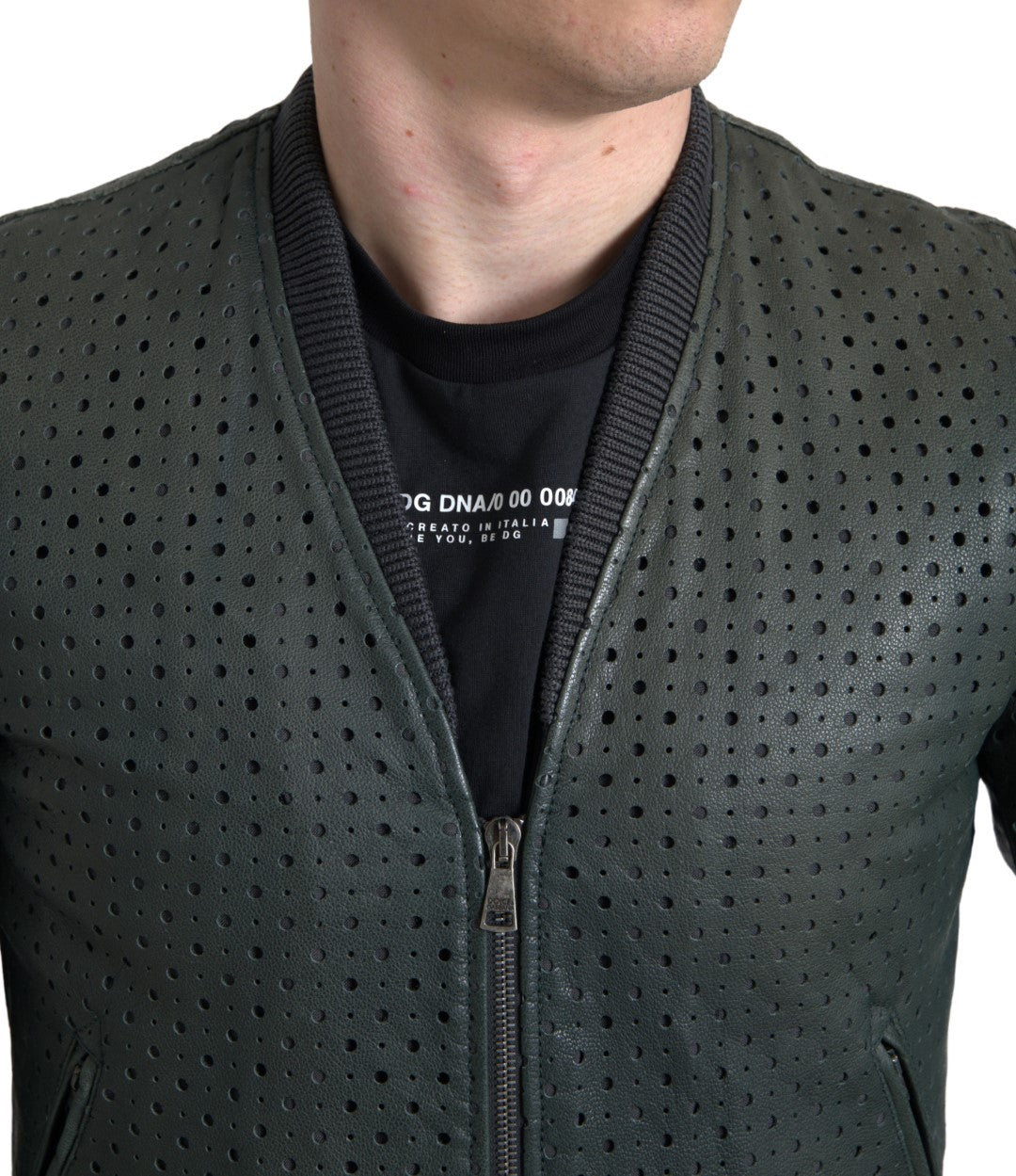 Dolce & Gabbana Green Perforated Leather Bomber Men's Jacket