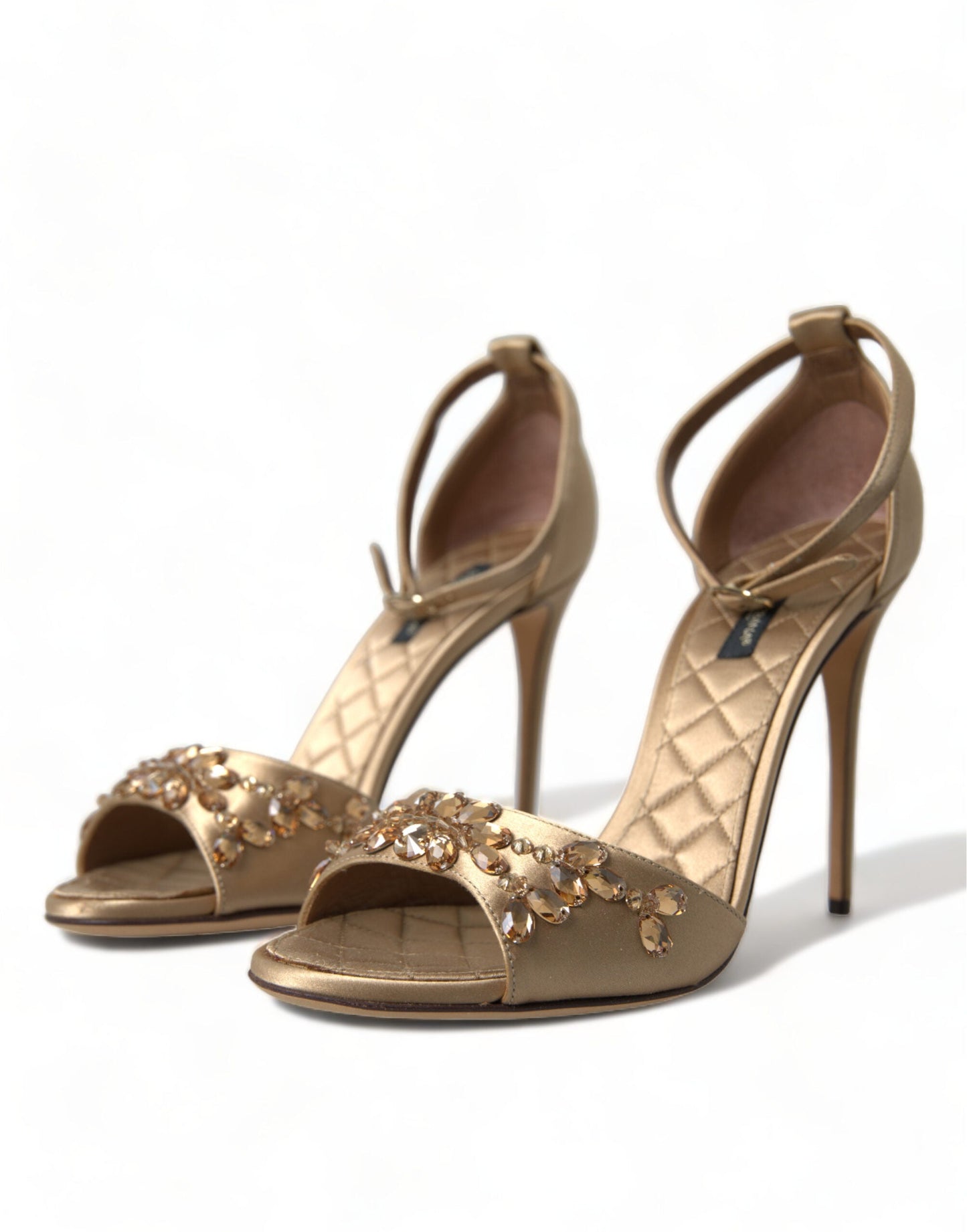 Dolce & Gabbana Gold Satin Ankle Strap Crystal Sandals Women's Shoes