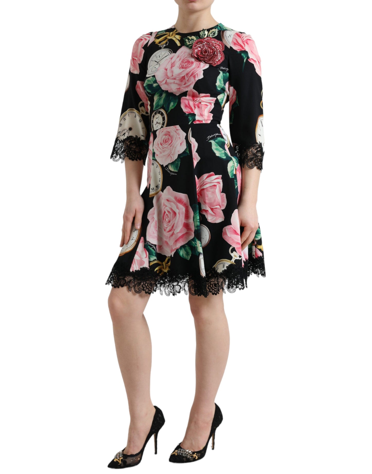 Dolce & Gabbana Black Floral Embellished Lace A-line Women's Dress
