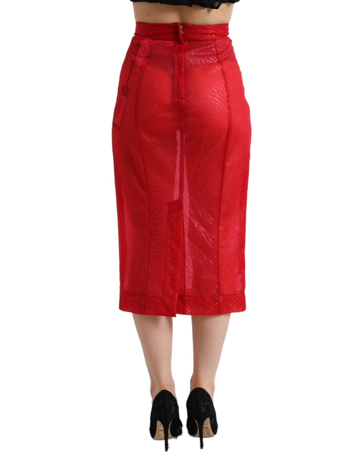Dolce & Gabbana Red Sheer High Waist Pencil Cut Midi Women's Skirt