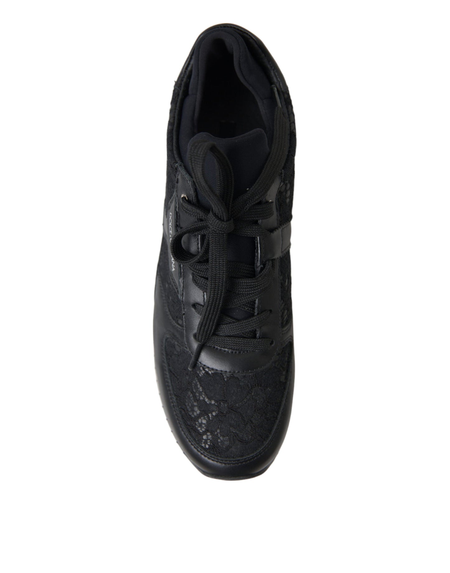 Dolce & Gabbana Black Floral Lace Leather Sneakers Women's Shoes