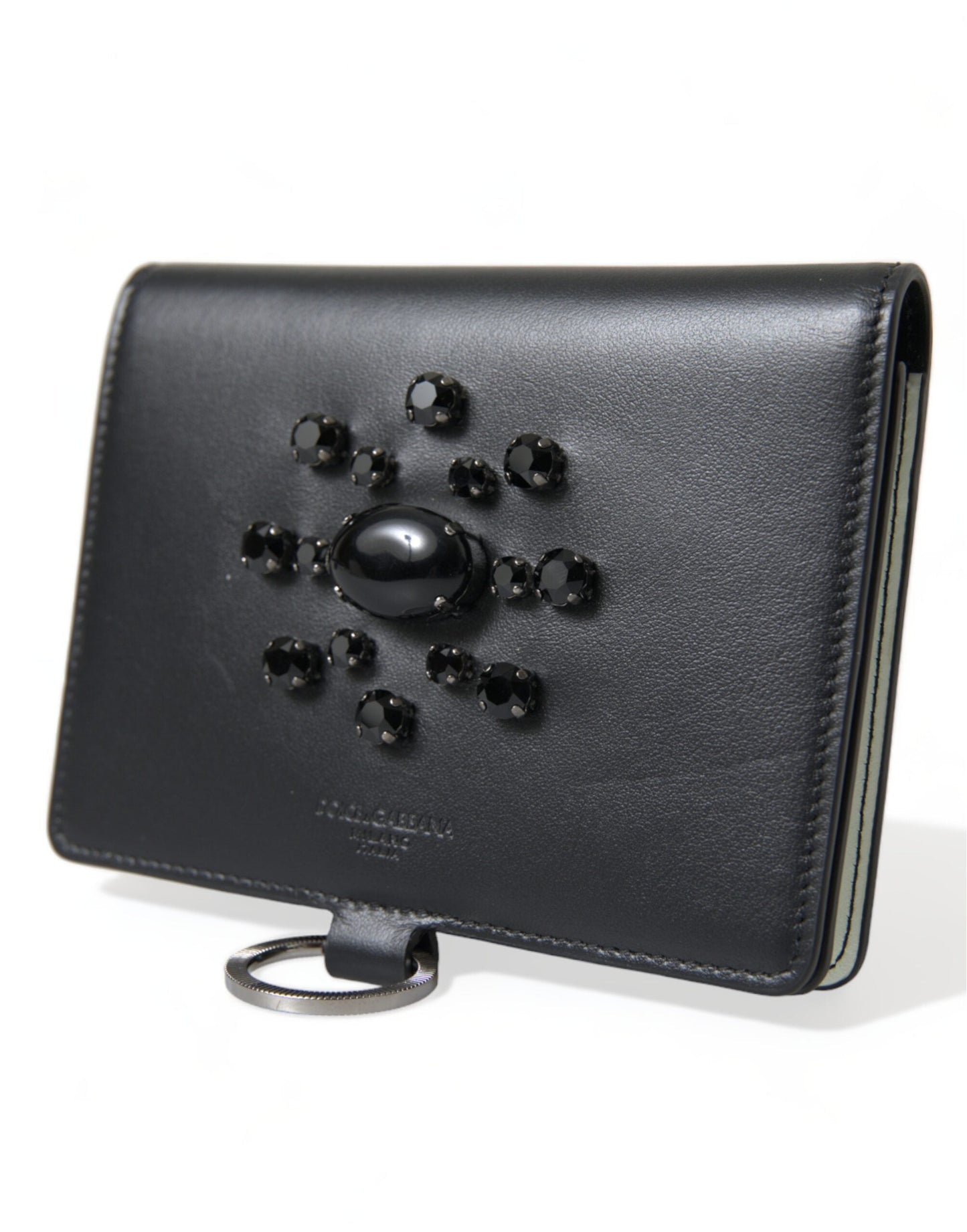Dolce & Gabbana Black Leather Crystal Embellished Card Holder Women's Wallet