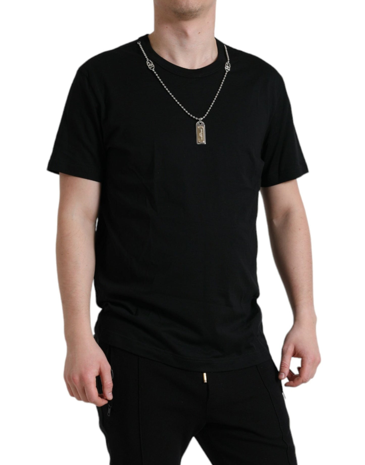 Dolce & Gabbana Black Cotton Dog Tag Round Neck Men's T-shirt