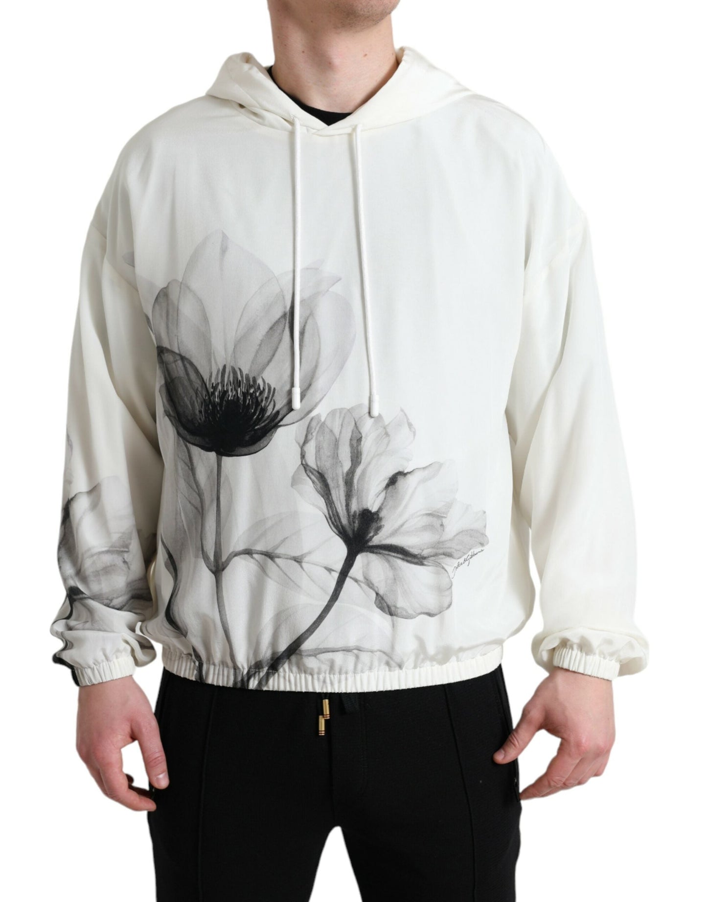 Dolce & Gabbana White Floral Print Hooded Pullover Men's Sweater