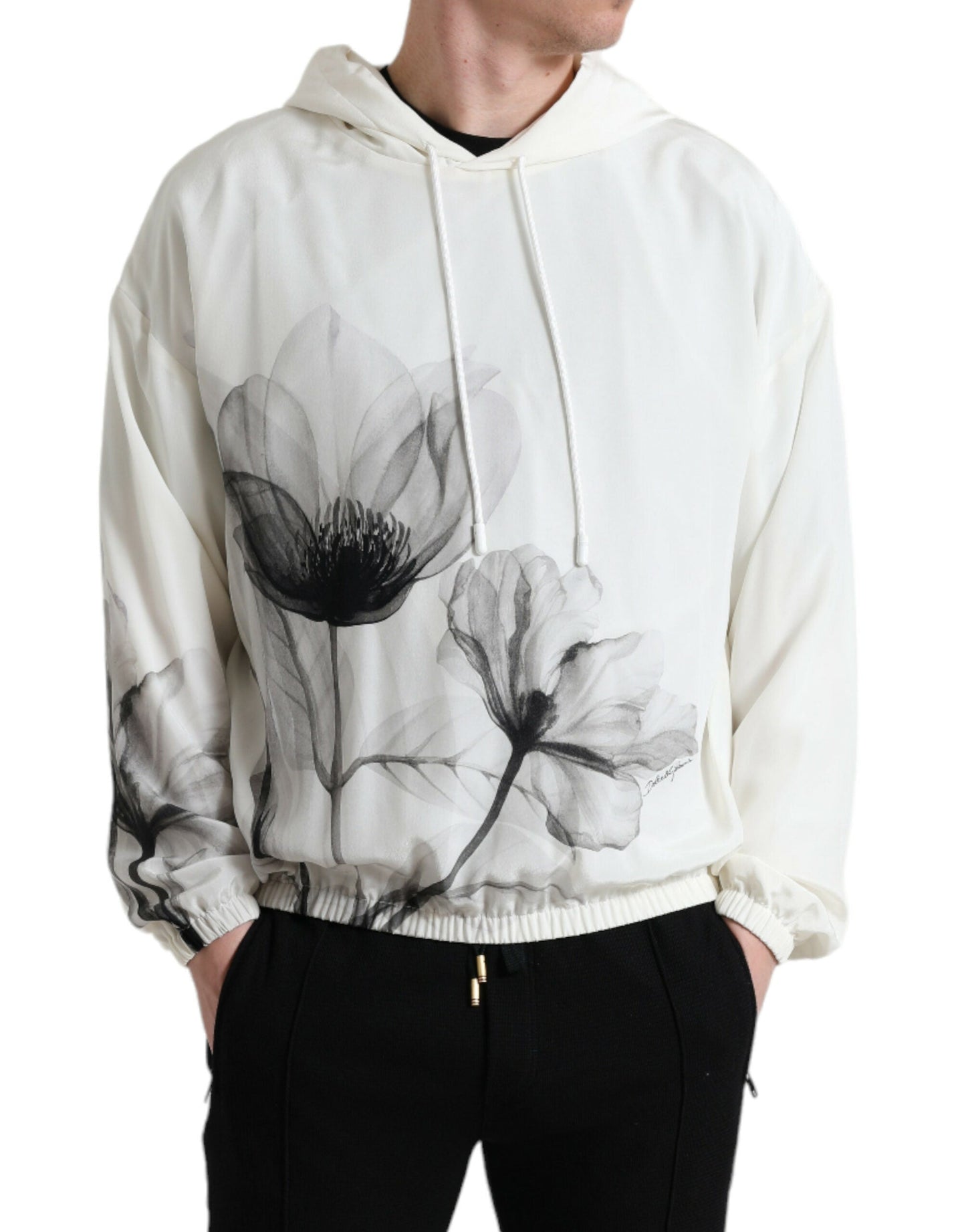 Dolce & Gabbana White Floral Print Hooded Pullover Men's Sweater