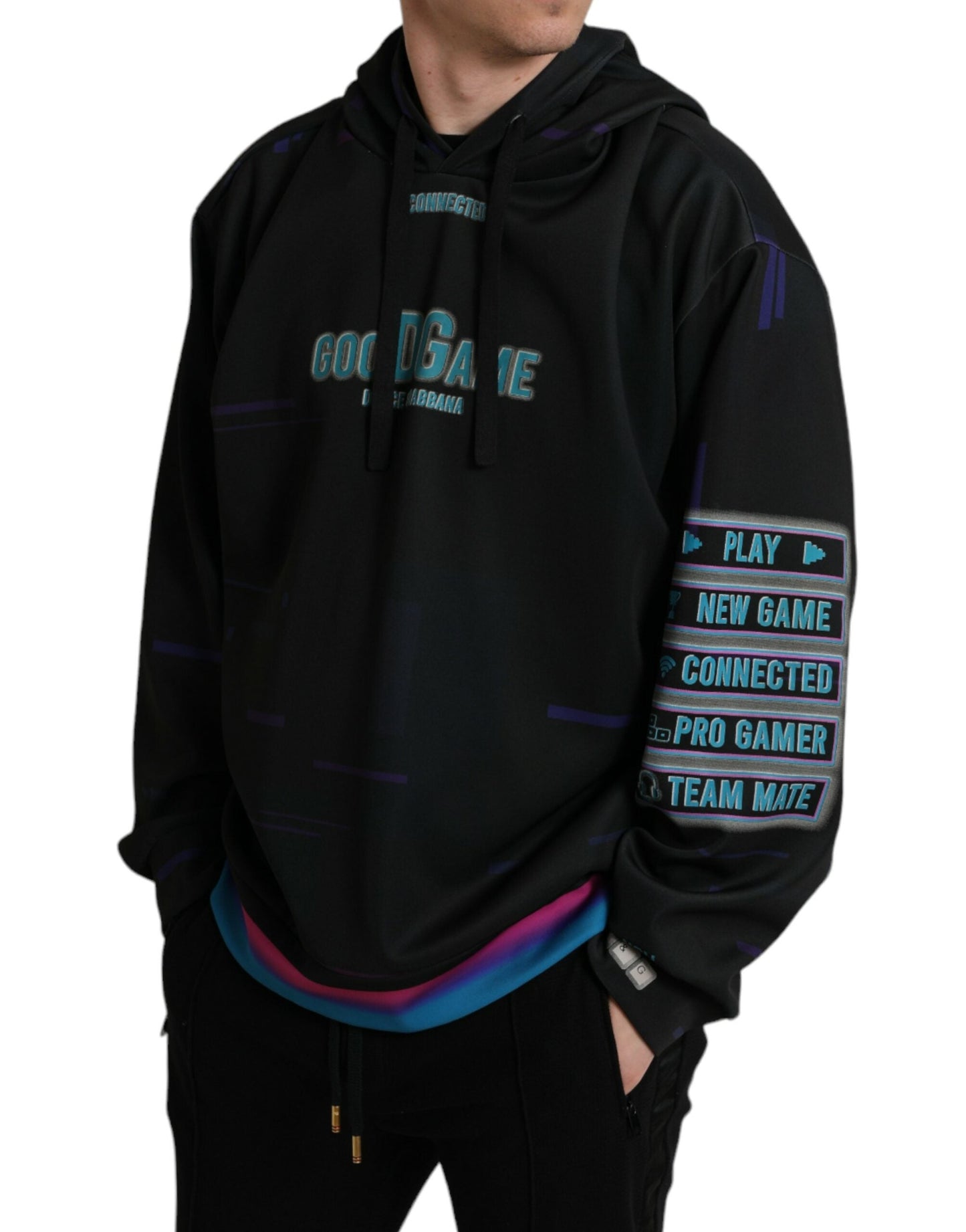 Dolce & Gabbana Black Logo Print Hooded Sweatshirt Men's Sweater