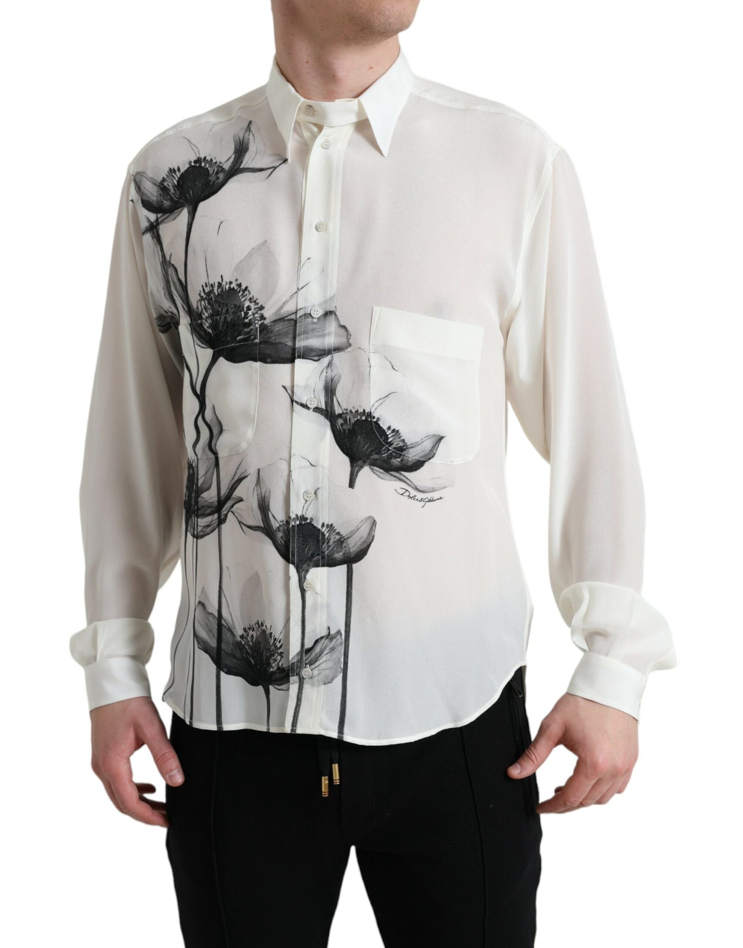 Dolce & Gabbana White Floral Collared Dress Silk Men's Shirt